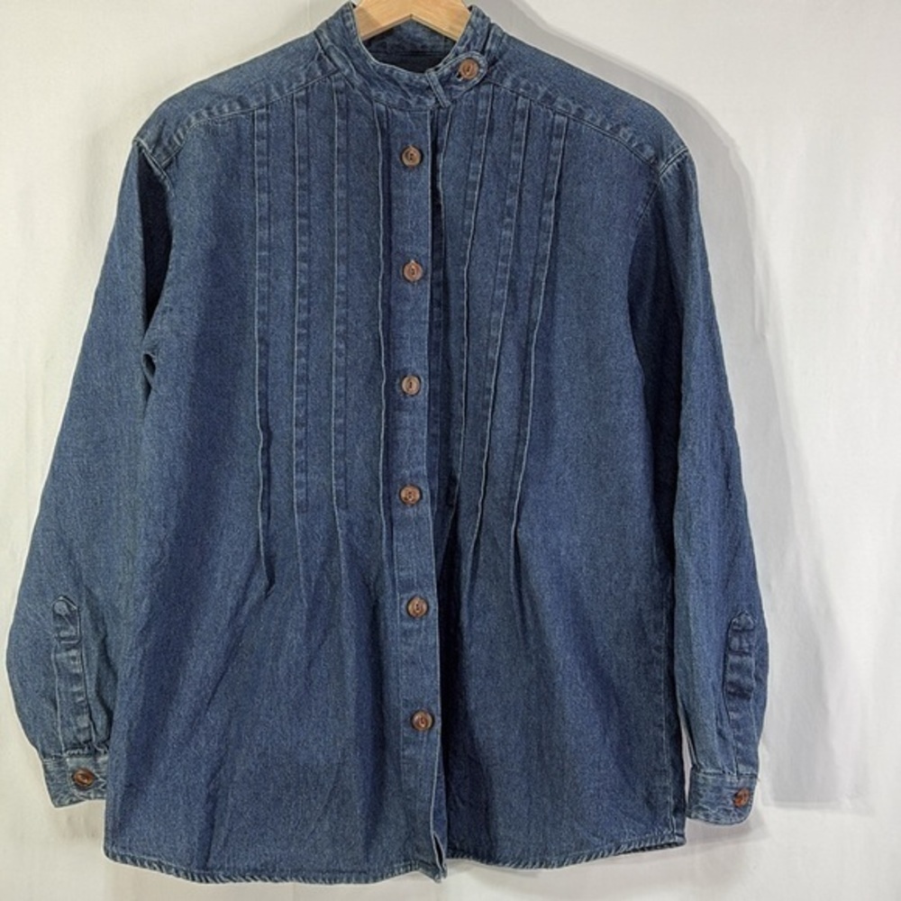 🗯️ British khaki denim pintuck front mandarin collar blouse